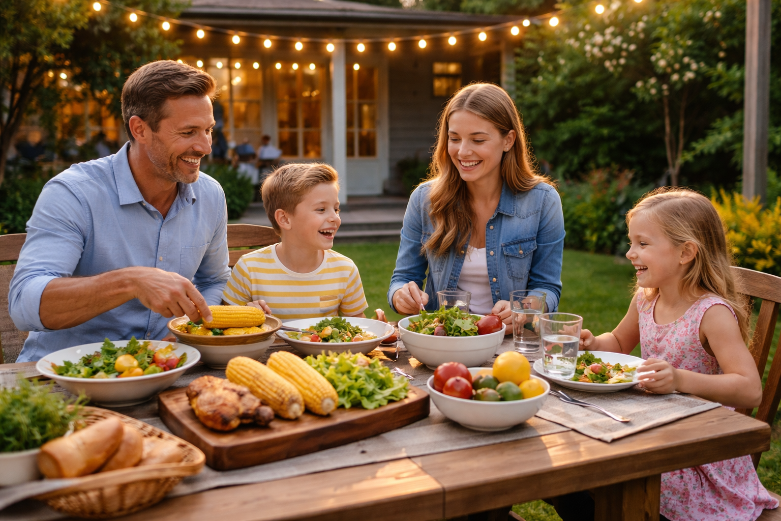 Family enjoying a bug-free backyard dinner